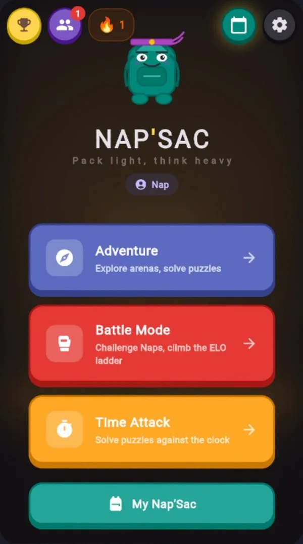 Écran de l'application Nap'Sac
